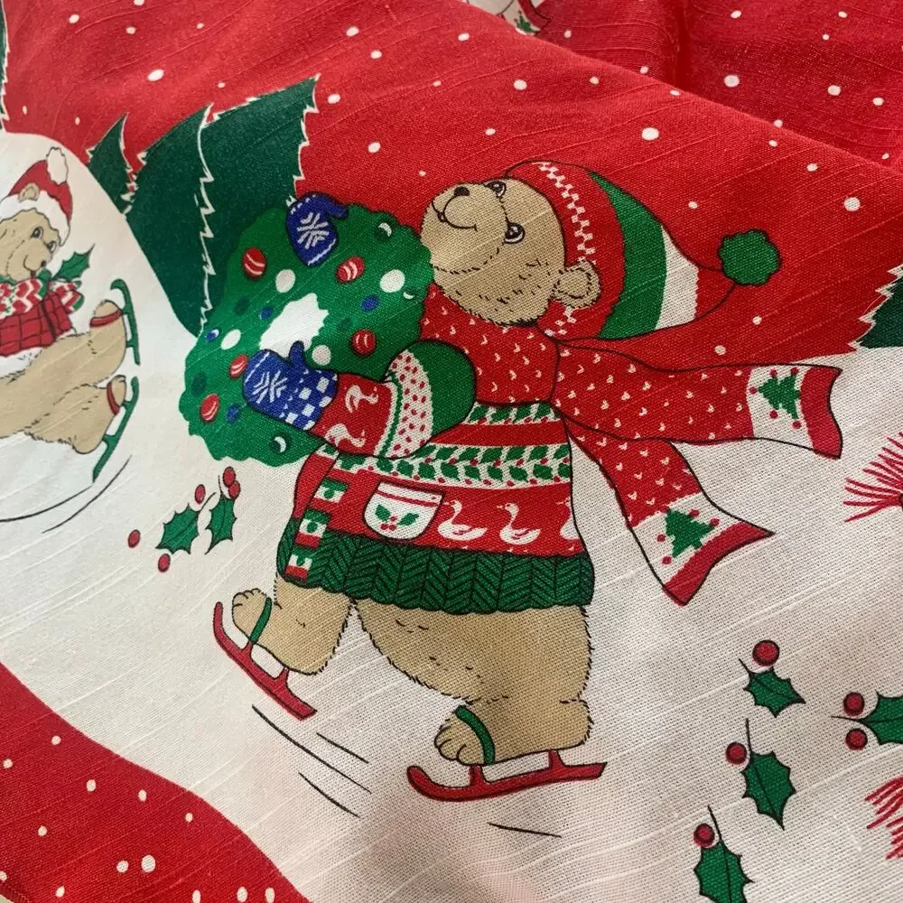 Vintage Christmas Tablecloth Round Red Holiday Teddy Bear Snow Scene 60” Decor